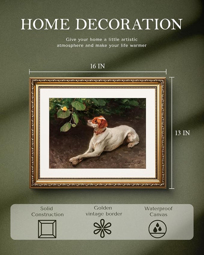 WHASAYART Vintage Gold Framed Butterfly and Dog Canvas Wall Art 13x16 Inch | Natural Farmhouse Dog Atmosphere Canvas Painting, Classic Cottagecore Animal for Living Room Bedroom Home Wall Decor