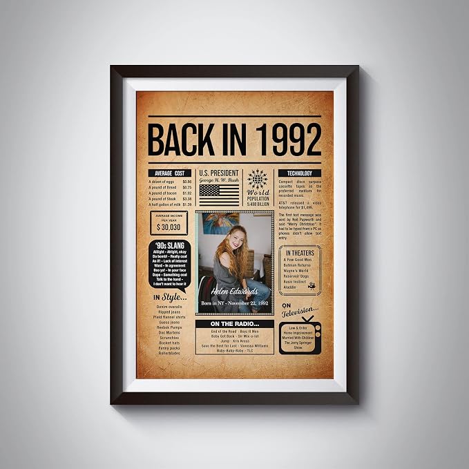 Back in 1992 Poster Sign, Personalized Birthday Gifts Idea, Custom 1992 Historical Birthday Newspaper, Born in 1992 Birthday Party Decorations, Fun Fact for the Day You Were Born, Decor Art Print