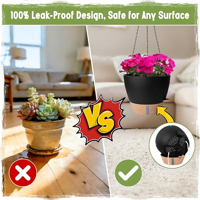 Self-Watering Hanging Planters with Water Level Window, 8/10 Inch Indoor Outdoor Hanging Plant Pots Includes Chain Hangers with Drainage Holes & Detachable Reservoir (Black, 8+10 inch)