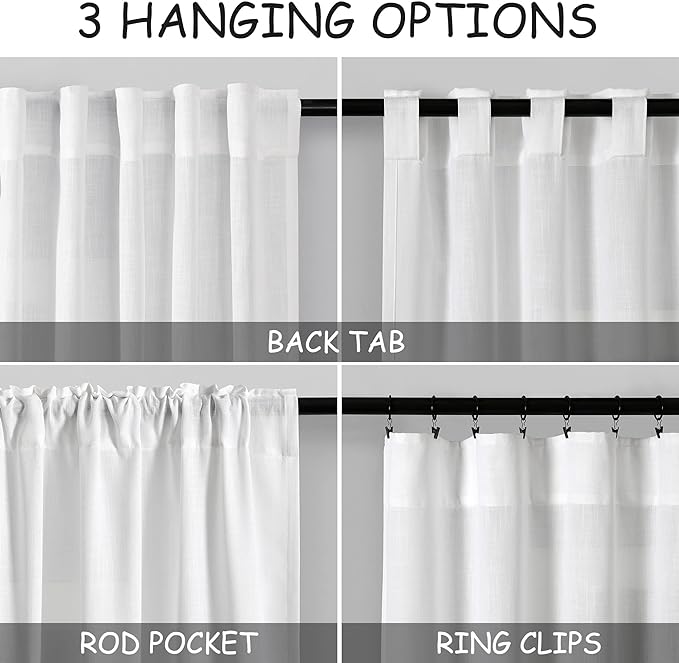 White Linen Curtains 100 inches Long for Bedroom Back Tab Light Filtering Privacy Sheer White Curtains Modern Farmhouse Coastal Decor Off White Cotton Textured Curtain for Living Room 2 Panel Set