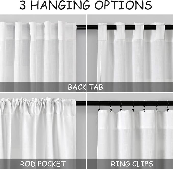 Semi Sheer Linen Curtains 90 Inches Long for Living Room 2 Panels Set Back Tab Rod Pocket White Tall Vertical Curtains Light Filter Privacy Curtain Drapes for Bedroom Aesthetic 60x90