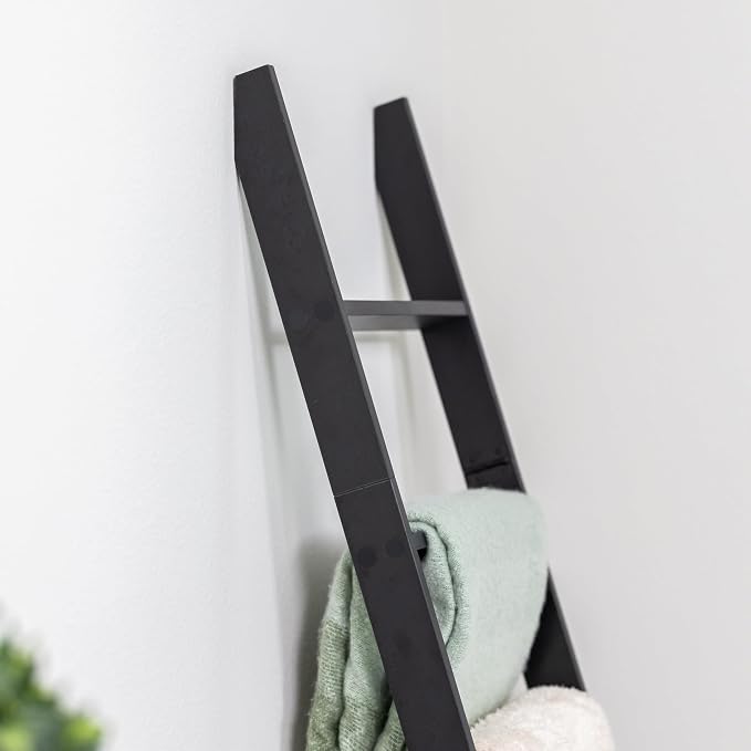Blanket Ladder for the Living Room and Bedroom, Quilt Rack, 4-Tier, Black | 4 ft, Wall Leaning Blanket Holder, Laminate Snag Free, Rustic Decorative Farmhouse Ladder Shelf for Blankets
