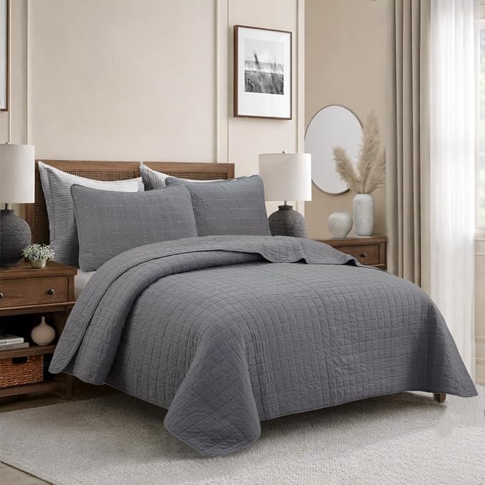 Cozy Line Home Fashions 100% Cotton Quilt Set – 3-Piece Charcoal Gray Solid Classic Modern Geometric Quilted Bedspread with Shams, Lightweight All Season Modern Bedding (Box Gray, Queen)