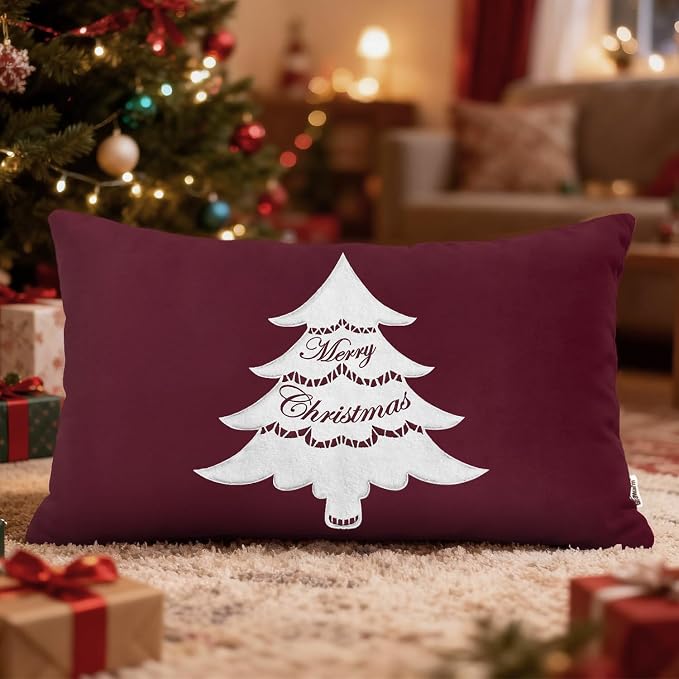 BRAWARM Christmas Pillow Cover 12 X 20 Inches, Burgundy Christmas Tree Embroidered Lumbar Pillow Cover, Soft Velvet Decorative Throw Pillow for Couch Bed Sofa Living Room Home