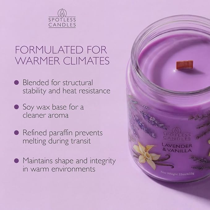 Vanilla & Lavender Candle 22oz Glass Jar with Wooden Wick in a Decorated Jar Within a Presentation Gift Box and Protective Shipping Box
