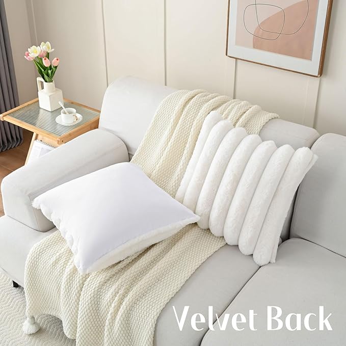 HAUSSY Pack of 2 Pillow Covers 16x16 Inch, Faux Fur Decorative Couch Throw Pillows Soft Striped Plush Cushion Covers Home Decor Cute Furry Pillowcase for Living Room Sofa Bed, Cream White