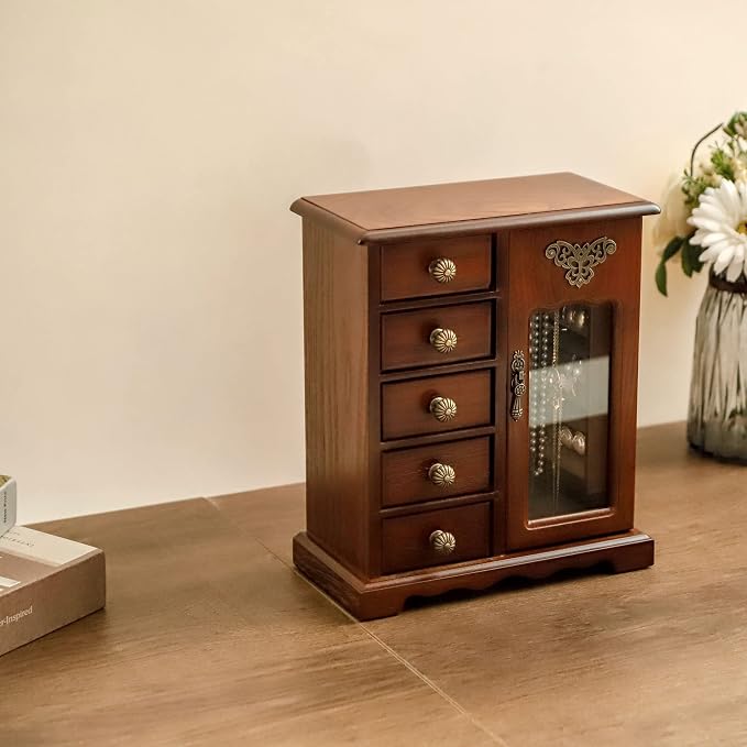 Kendal Wooden Jewelry Box for Women, Solid Jewelry Organizer With 5 Drawer, Jewelry Holder Organizer, Wood Jewelry Case with Butterfly Pattern & Mirror for Necklaces, Earring, Rings (Brown with 5 drawer)