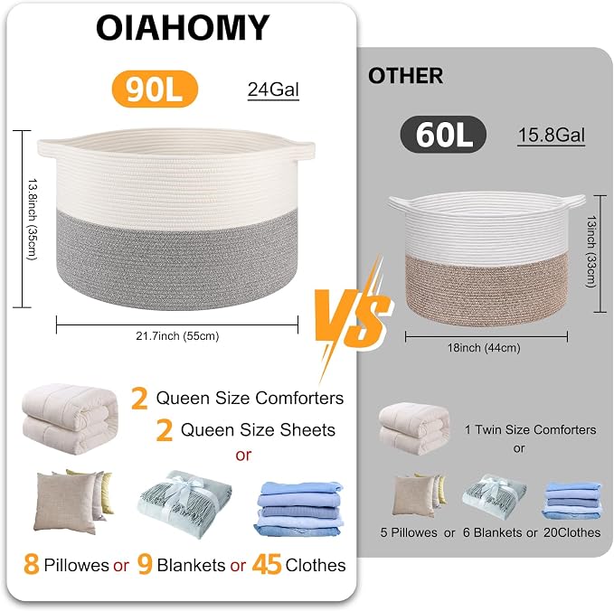 OIAHOMY 90L XXXLarge Blanket Basket for Living Room, 21.7" x 13.8" Woven Cotton Rope Laundry Basket for Organizing Pillows, Decorative Stuffed Animal Toy Storage for Nursery, White and Light Grey