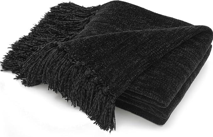 RECYCO Chenille Throw Blanket for Couch, 60"x80", Black | Super Soft Knit Throw Blanket with Fringe Tassels, Lightweight Knitted Throw, Cozy, Ideal for Sofa Chair Bed Living Room Gift