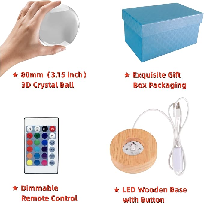 3D Shark Crystal Ball Lamp, 3.15 Inch Shark Crystal Ball Night Light with 16 Colors LED Wooden Base, Remote Control, Gift Box Packaging, Home Decor Gift for Friends