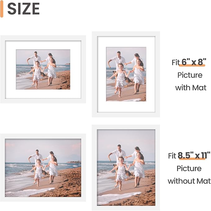 upsimples 8.5x11 Picture Frame Set of 10, Display Pictures 6x8 with Mat or 8.5x11 Without, Multi Photo Frames Collage for Wall or Tabletop Display, White
