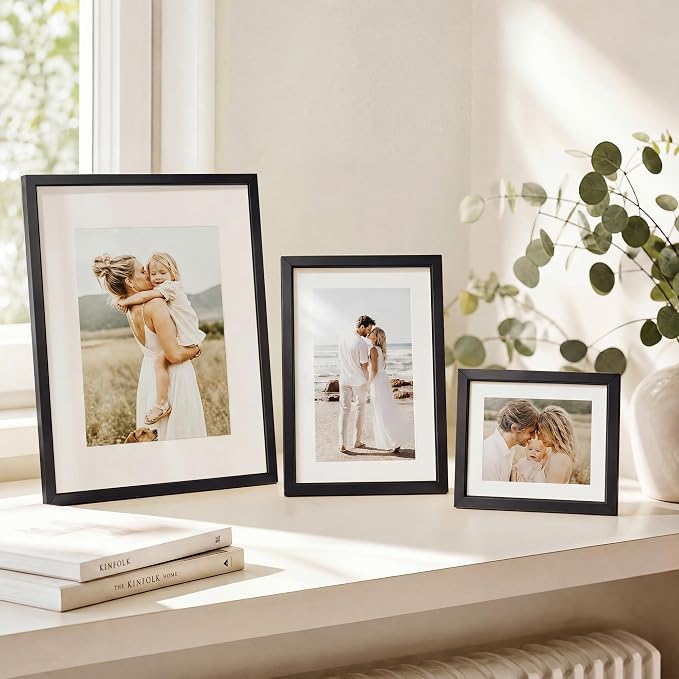 8x10 Photo Frame Black, Aluminum Metal 8 x 10 Frame with Removable Mat, 8 by 10 Black Picture Frame Matted to 5x7 Photo, Real Tempered Glass for Home and Office Gallery Wall, 3 Pack