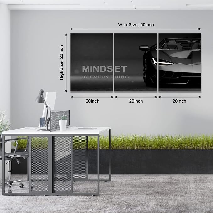 KAWAHONE Motivational Canvas Wall Art Lamborghini Posters Prints Entrepreneur -Mindset is Everything-Office Decor Set Ready to Hang