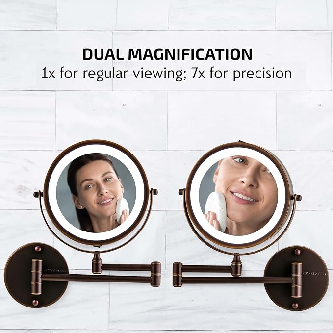 OVENTE 7" Wall Mounted Lighted Makeup Mirror, Antique Bronze MFW70ABZ1X7X | Cordless Double Sided 1X/7X Magnifying Mirror for Bathroom with LED Lights, 360° Rotation, Extendable Arm, Battery Operated