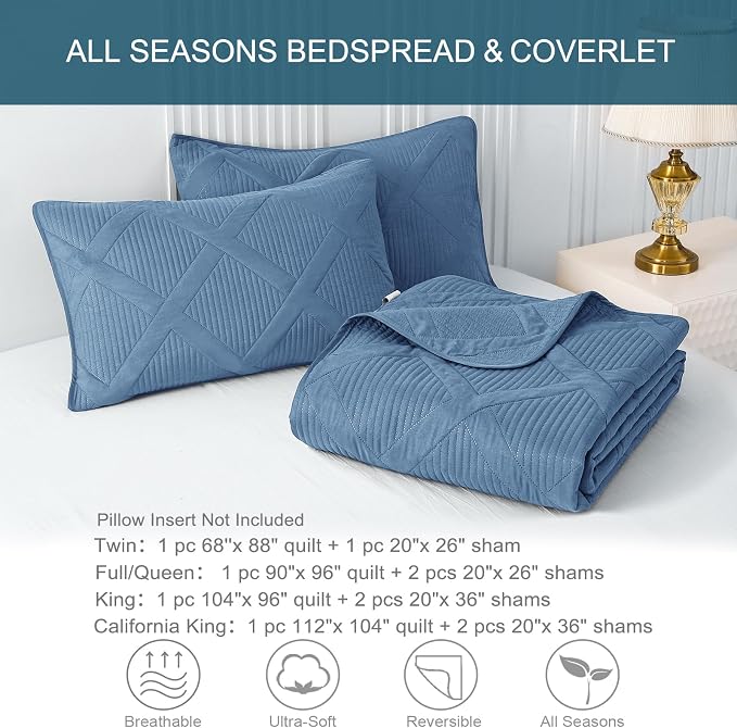 Exclusivo Mezcla Quilts Queen Size, Grayish Blue | Soft Bedspreads with 2 Pillow Shams, Modern Striped Pattern, Lightweight Bedding Set Coverlets for All Seasons, 90x96 Inch