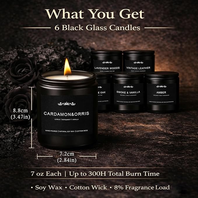 Candle Set for Men, 6 Pack Soy Wax Scented Candles Manly Gift Set, 300H Long Lasting Home Fragrance with Masculine Scents, Gift for Dad, Husband or Boyfriend