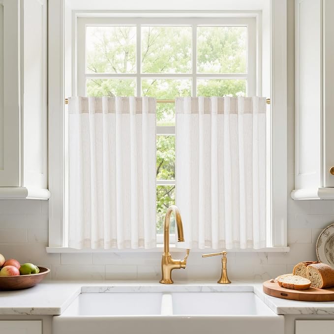 NICETOWN Cream Linen Cafe Curtains 36 inches Long, Rod Pocket & Back Tab Thick Flax Blend Privacy with Light Filtering Short Window Treatments for Kitchen, W55 x L36, 2 Panels