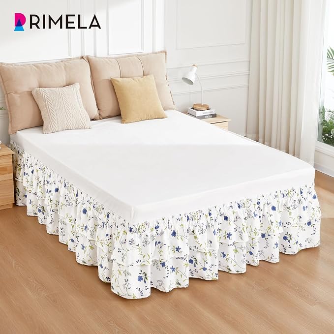 RIMELA Ruffle Bed Skirt Blue Berry Floral Queen 15 Inch Drop, Elastic Wrap Around Bed Skirting Queen Size, Easy to Install Dust Ruffle, Machine Washable Soft Fabric, Multi Ruffle Bedskirt