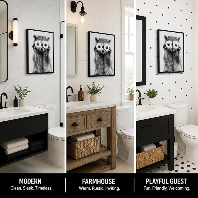 Framed Adorable Raccoon Bathroom Canvas Wall Art Toilet Paper Raccoon Wall Decor Pictures Funny Black and White Bathroom Animal Posters Prints for Restroom Home Decoration 12x16in