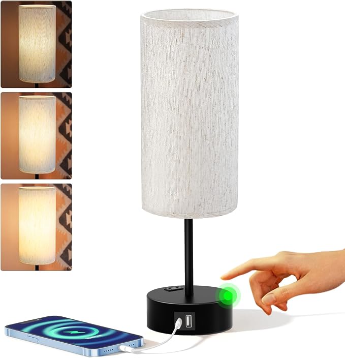 KPQ Bedside Lamp Touch Control Table Lamp with USB A+C Charging Ports & AC Outlet 3-Way Dimmable Nightstand Lamp with Linen Fabric Shade (Beige Shade-Black Base, 14" Small Size Touch Control)