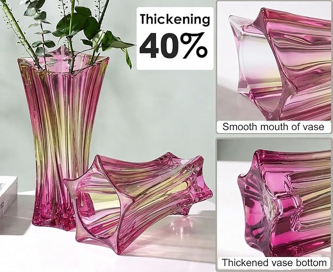 Crystal Glass Vase – Heavy Crystal Vase for Flowers with Weighted Bottom, Thick Durable Decorative Vases for Modern Home Decor, 9.8″ 3.5lb Clear Centerpiece (Gradient Pink)