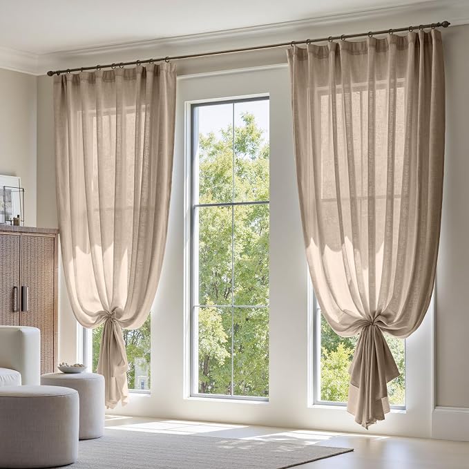 jinchan Linen Curtains Light Filtering Back Tab 100x108 Inch 1 Panel Taupe | Semi Sheer Curtains 108 inch length for Bedroom Living Room, Modern Farmhouse Drapes with Rod Pocket, Natural Boho Curtains