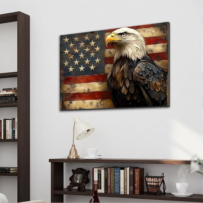 Framed Bald Eagle American Flag Wall Art, Patriotic USA Canvas Art Pictures, Vintage Eagle Wall Decor for Office Living Room Man Cave, Ready to Hang Made in USA