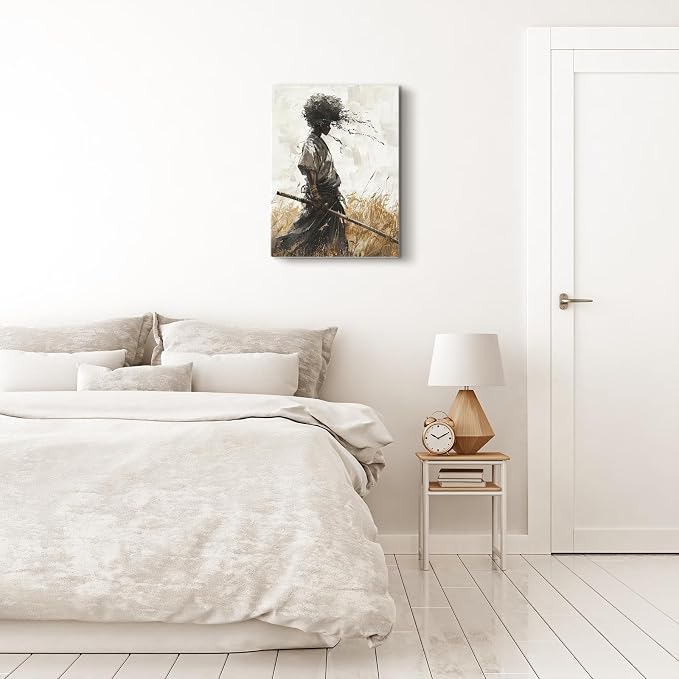 16"x20" African Samurai Canvas – Enigmatic Abstract Warrior Wall Art | Mystic African warrior dons kabuto beneath swirling abstracts. Afrofuturism meets bushido. Hook included, ready to hang.
