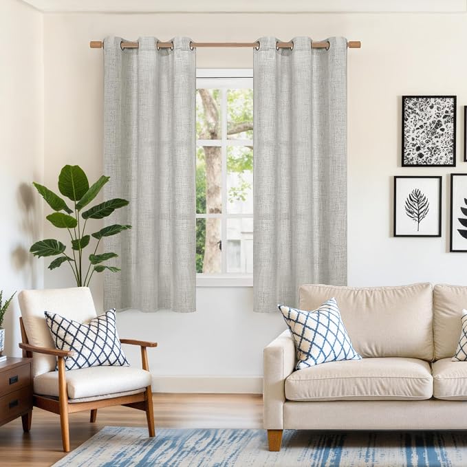 YoungsTex Light Grey Linen Semi Sheer Curtains 42X63 Inch Length 2 Panels | Light Filtering Bronze Grommet Textured Drapes for Short Bedroom Living Room Window