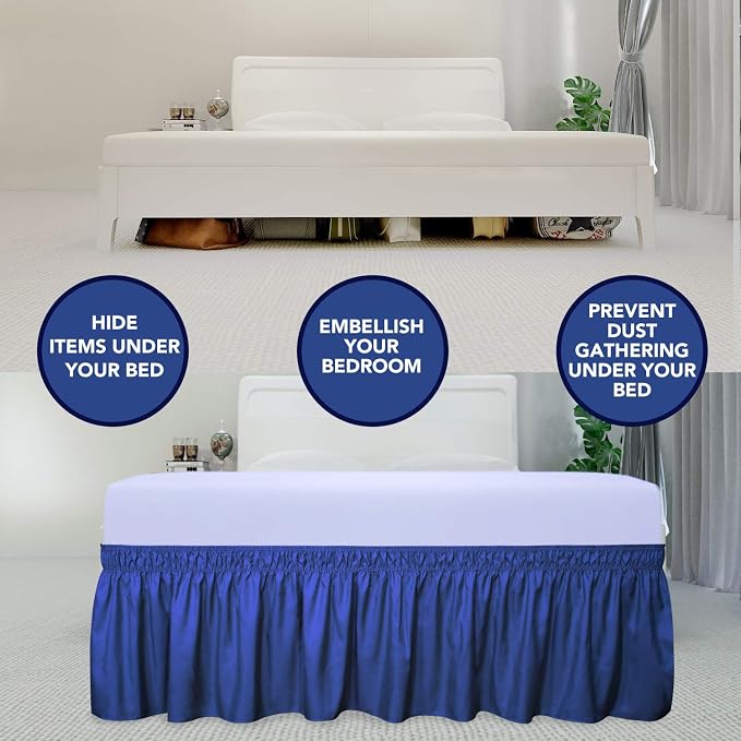 PureFit Wrap Around Ruffled Bed Skirt, Classic Blue, Queen/King - 18" Drop | Wrinkle Free Bedskirt Dust Ruffles, Easy to Put On Frame Cover with Adjustable Elastic Belt