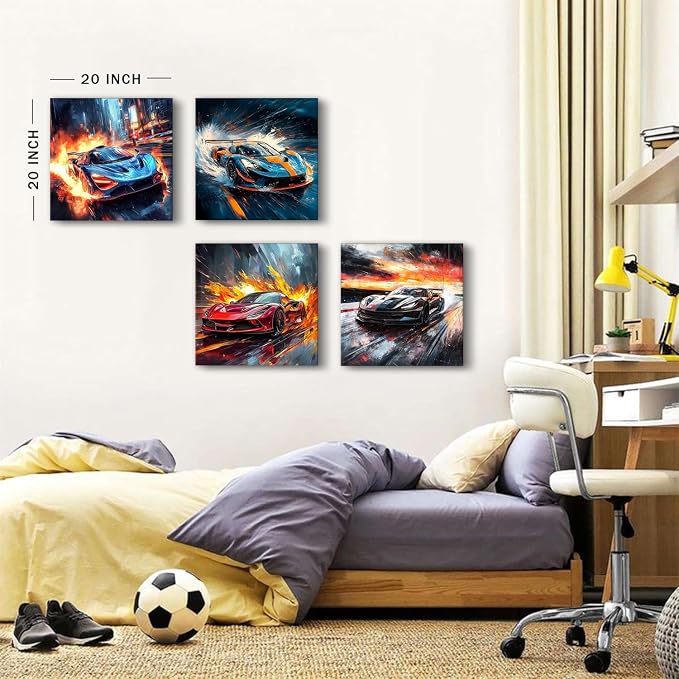 Racing Art Prints Boys Bedroom Cool Car Posters Super Car Painting for Living Room Enthusiast Gift for Men Man Cave Home Decoration Game Room Lamborghini McLaren Ferrari Bugatti Wall Decor 20x20" 4Pcs