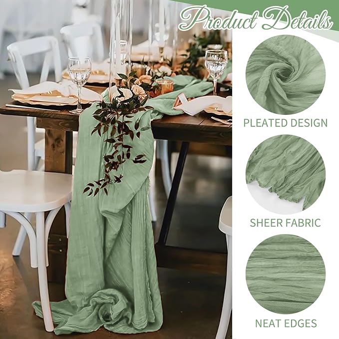 10 Pack Sage Green Cheesecloth Table Runner 17x108 Inch Boho Gauze Cheese Cloth Table Runners for Wedding Party Baby Shower Birthday Home Decor
