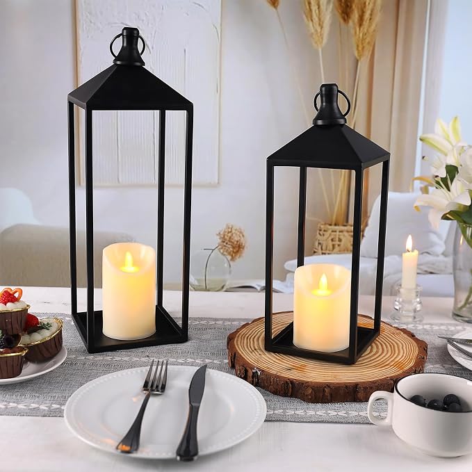 Lanterns Decorative Outdoor Indoor, 17" 13" Set of 2 Black Candle Lanterns | No Glass Metal Outdoor Lantern for Porch, Patio, Mantel, Fireplace, Home Decor, Modern Farmhouse Lantern Decor