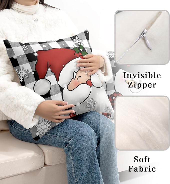Black and White Plaid Christmas Pillows Covers 18x18 Set of 2 Winter Snowman and Santa Claus Pillow Cases Snowflakes Cushion Cases Home Decor for Living Room Bed Sofa