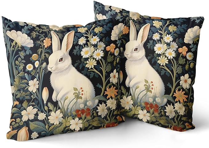 Giwawa 2PCs Easter Bunny Pillow Covers 16"x16" Cute Rabbit Boho Flowers Square Pillowcases Black Spring Floral Wildflower Cotton Throw Cushion Covers for Sofa Couch Patio Indoor Outdoor Decor