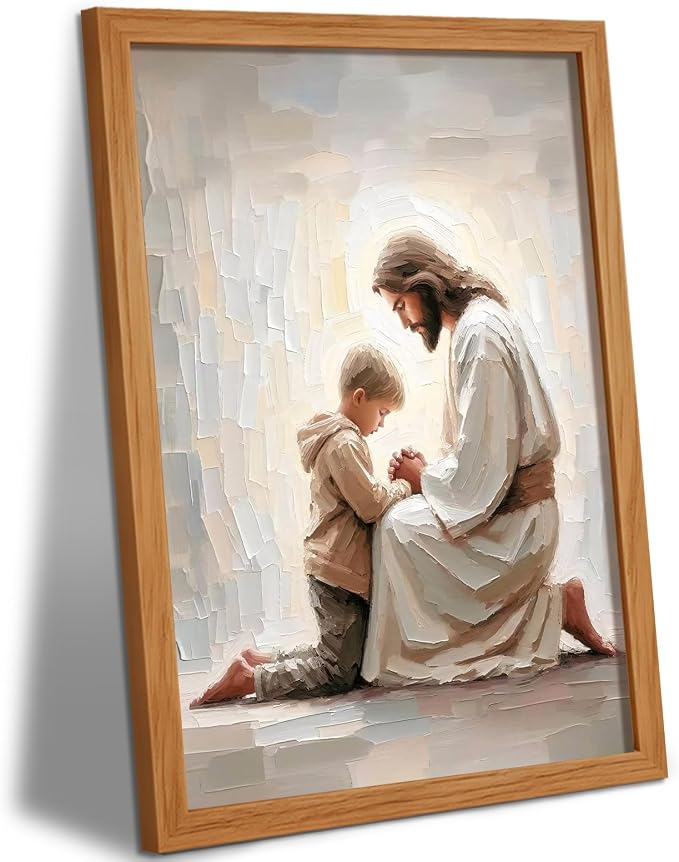 AUUAUU Jesus and Boy Praying Christian Wall Art 12x16 Inches Wooden Framed | Religious Canvas Painting Jesus Children Picture Prints Artwork Christmas Wall Decor for Living Room Bedroom Ready to Hang