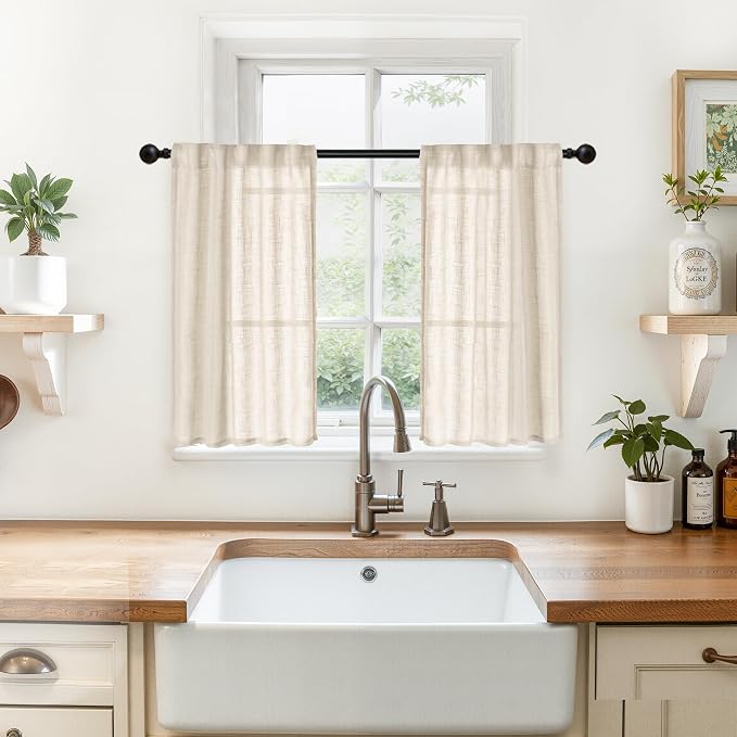 YoungsTex Oatmeal Linen Cafe Curtains 24 Inche Long 2 Panels | Small Half Drapes Semi Sheer with Rod Pocket Back Tab for Bathroom Kitchen Windows Over Sink, 29 X 24 Inch