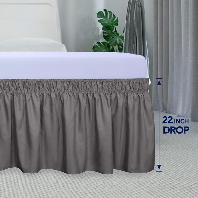 PureFit Wrap Around Ruffled Bed Skirt, Dark Gray, Twin/Full - 22" Drop | Wrinkle Free Bedskirt Dust Ruffles, Easy to Put On Frame Cover with Adjustable Elastic Belt