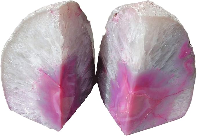 Agate Rock Bookend Heavy Duty Healing Crystal Stone Book Holders Decorative | Large Polished Stone Book Stoppers Supports Home Office Decor with Rubber Bumpers Dyed Pink 1 Pair, 4-6 LBS