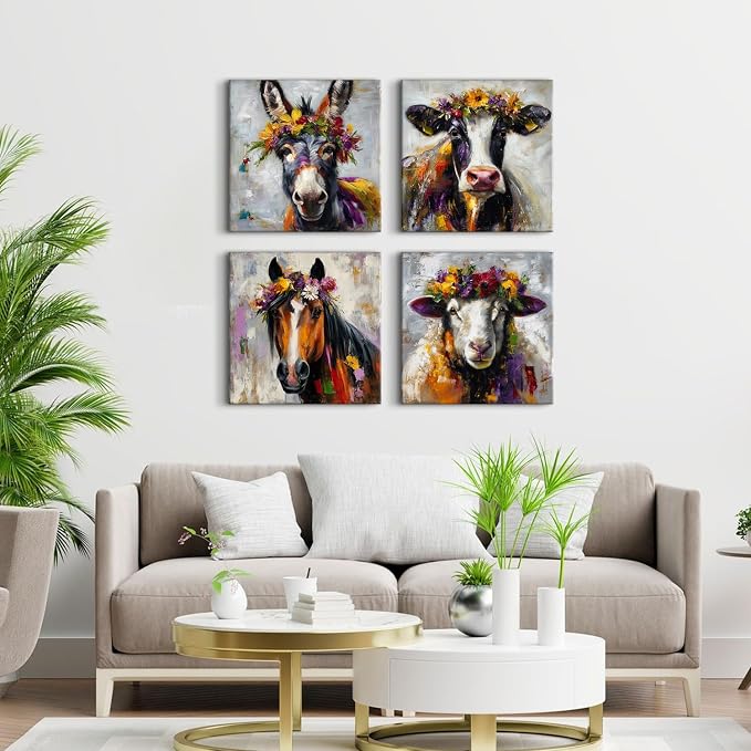 Set of 4 Farmhouse Animal Canvas Wall Art Dinner Room Decoration Abstract Colorful Cow Donkey Horse Sheep Wall Decor 20x20”, Large Vintage Farm Animals Theme Posters Paintings Countryside Artwork