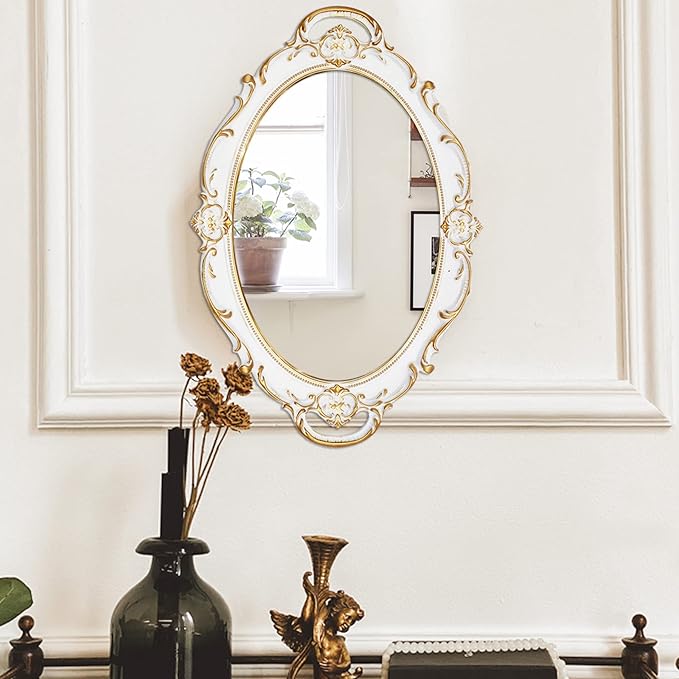 Eaoundm 14.5 x 10 inchs Oval Antique Decorative Wall Mirror (White) | Vintage Hanging Mirror