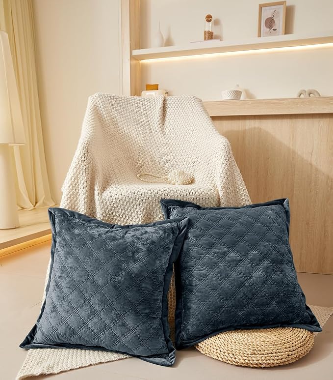 Throw Pillow Cover 18x18 1 Piece Velvet Square Pillowcase Soft Skin-Friendly Cross Process Decorative Farmhouse Cushion Covers for Couch Sofa Bedroom Living Room,Gray Blue