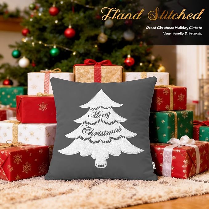 BRAWARM Christmas Pillow Cover 18 X 18 Inches, Gray Christmas Tree Embroidered Pillow Cover, Soft Velvet Decorative Throw Pillow for Couch Bed Sofa Living Room Home