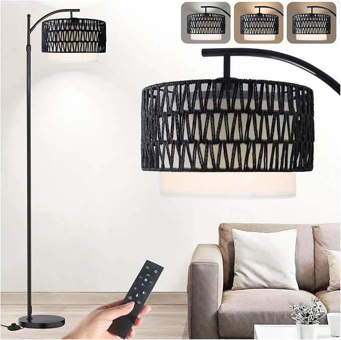 Yusist Arc Floor Lamp for Living Room,Farmhouse Floor Lamps with Remote Control & Dimmable Bulb,Black Rattan Boho Tall Standing Lamp for Bedroom Office