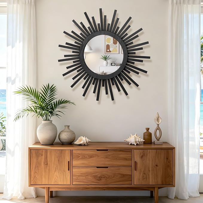 24 Inch Boho Sunburst Mirror, Round Wooden Wall Decor Starburst Sun Mirror for Bedroom, Living Room, Bathroom, Hallway, Balcony, Farmhouse Entryway, Housewarming Gift（Black