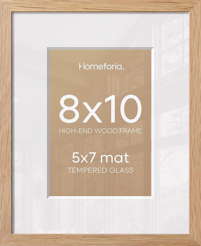 Homeforia 8x10 Natural Oak Picture Frame, High-End Wood, 5x7 Mat, Glass