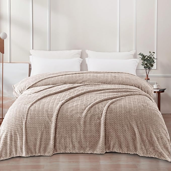 Exclusivo Mezcla Soft Fleece Blanket King Size, Cozy Lightweight Blankets with Decorative Wave Textured Suitable for All Season Use, Camel, 90x104 Inches | 90"x104" Breathable Lightweight Flannel Blanket for Summer, Plush Cozy Jacquard Wave for Home Decor