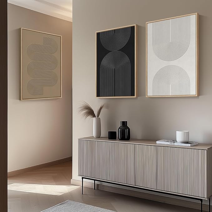 Framed Black and White Neutral Abstract Wall Art for Living Room, 3 Piece | Large Boho Canvas Prints, Minimalist Artwork for Walls, Geometric Pictures, Hallway Office Paintings Wall Decor 30x60 Inch