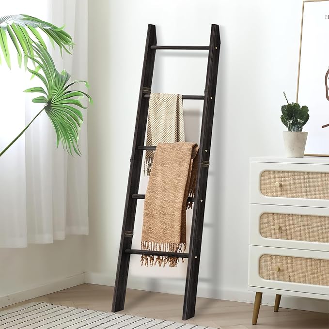 XLHOMO 5-Tier Wooden Blanket Ladder, 63" Rustic Leaning Blanket Rack for Living Room, Decorative Quilt and Towel Holder for Bedroom Bathroom Farmhouse Home Decor, Black