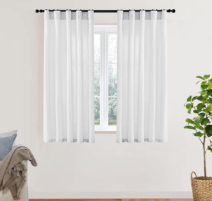 XTMYI 54 Inch Length White Short Curtains for Windows Living Room,Semi Sheer Linen Cotton Curtains for Bathroom Window Bedroom,54 in Long